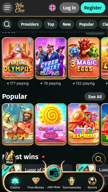 Wincleo App auf dem Smartphone mit Slots, Top-Spielen und Navigationsleiste für Casino, Turniere und Sport