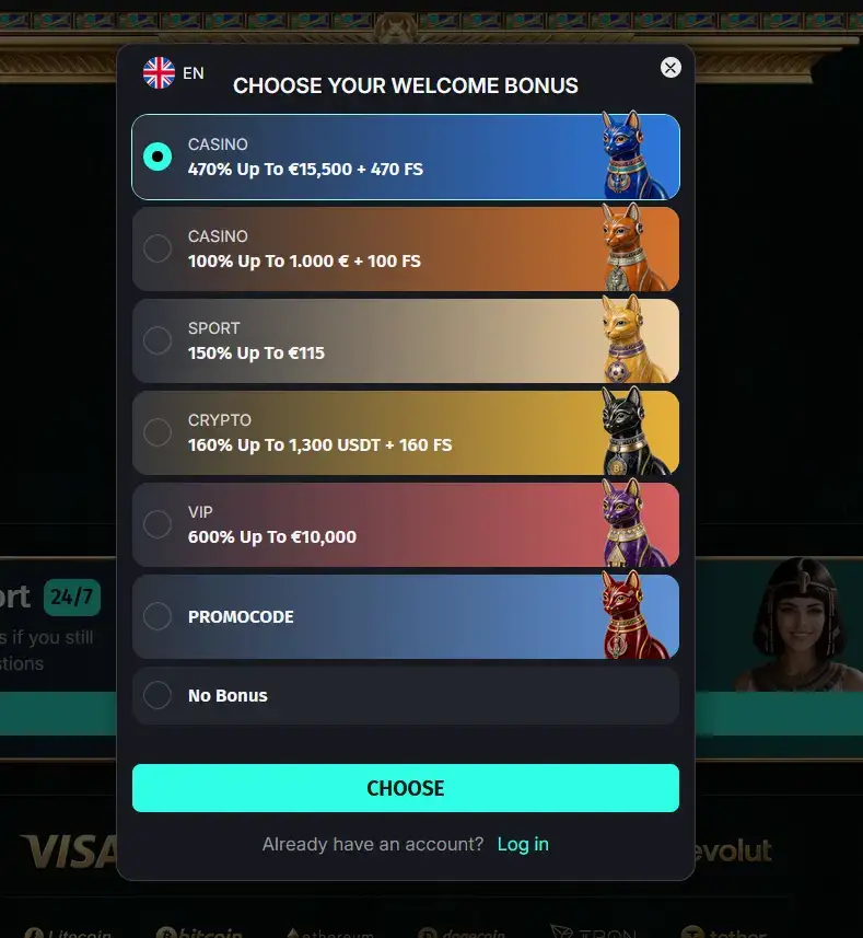 Wincleo Bonus Übersicht: Auswahl des Willkommensbonus mit Casino-, Sport-, Krypto- und VIP-Paket