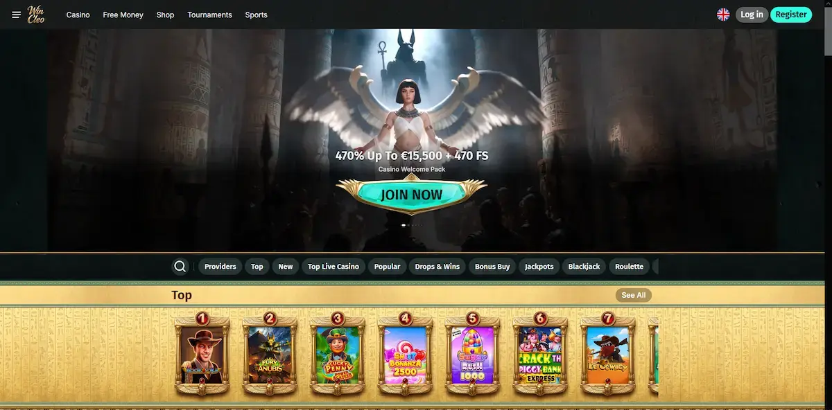 Wincleo Casino Startseite mit Willkommenspaket bis zu 15.500 € und Top-Slots im ägyptischen Design