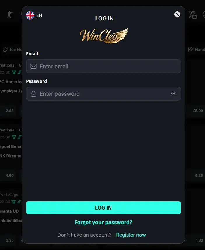 Wincleo Casino Login: Anmeldemaske mit E-Mail-Adresse, Passwort und Link Passwort vergessen