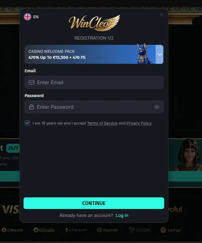 Registrierung bei Wincleo Casino: Formular mit E-Mail, Passwort und Auswahl des Willkommenspakets